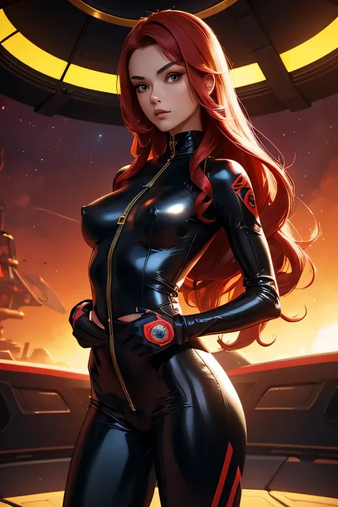 a young girl in a colorful catsuit, science fiction, tattoo, long red curls, beautiful detailed face, a futuristic weapon in her hand, sexy pose, tight clothes, cameltoe, nipples, standing on a dry planet, spaceship in backround