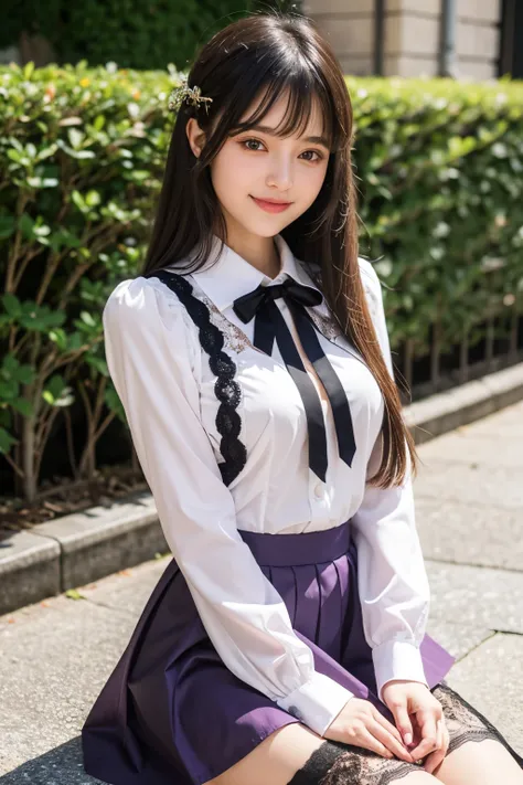 ((masterpiece)), ((best quality)), ((ultra-detailed)),((hyperrealistic)),shiny skin,1girl,,(((swept bangs))),hair intakes ,black hair,long hair,straight hair,sidelocks,sideburns,((dark purple eyes)),medium breasts,14 years old,smile,wearing a kawaii fashio...