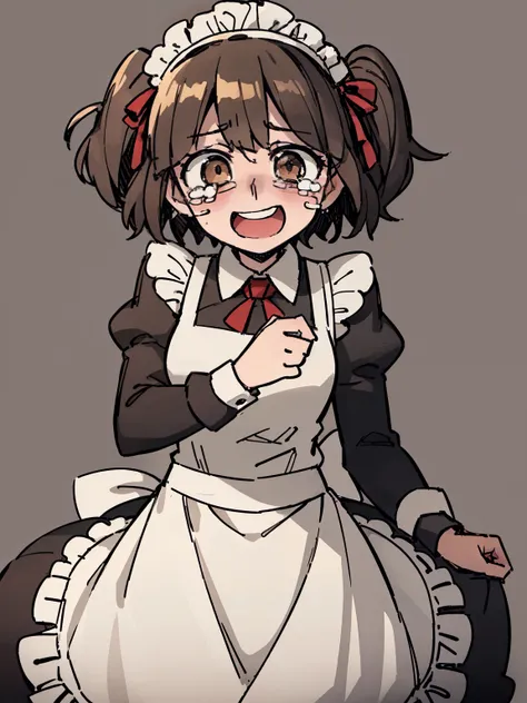 ((A maid，Light brown short hair，two side up,Traditional British maid dress))，Smile，Tears，move，front,Half Body,dignified，White background