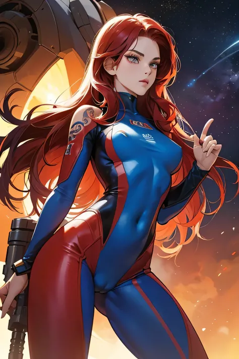 a young girl in a colorful catsuit, science fiction, tattoo, long red curls, beautiful detailed face, a futuristic weapon in her hand, sexy pose, tight clothes, cameltoe, standing on a dry planet, spaceship in backround