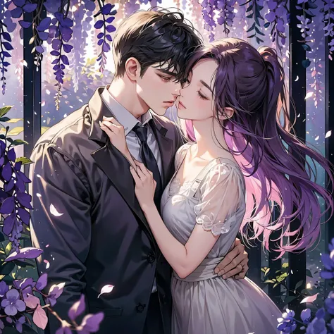 a man is kissing a woman in the wisteria forest,  dark night, , (Beautifully Aesthetic:1.2),wisteria, peace, tranquility, serenity, petals