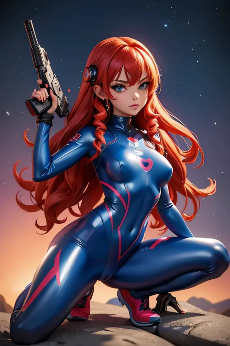 a young girl in a colorful catsuit with ornaments and accessories squatting on a rock, science fiction, tattoo, long red curls, beautiful detailed face, a futuristic weapon in her hand, sexy pose, tight clothes, cameltoe, standing on a dry planet, spaceshi...