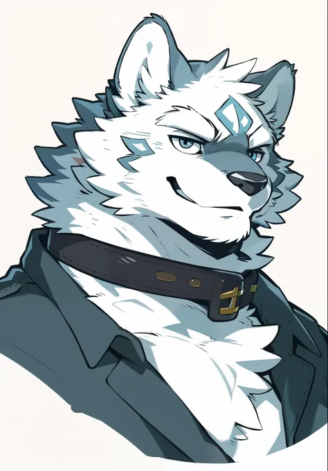 cowboy shooting, snow wolf, (all white fur:1.5), solitary, perfect sky blue eyes, collar, wearing a white suit, (artist:takemoto...