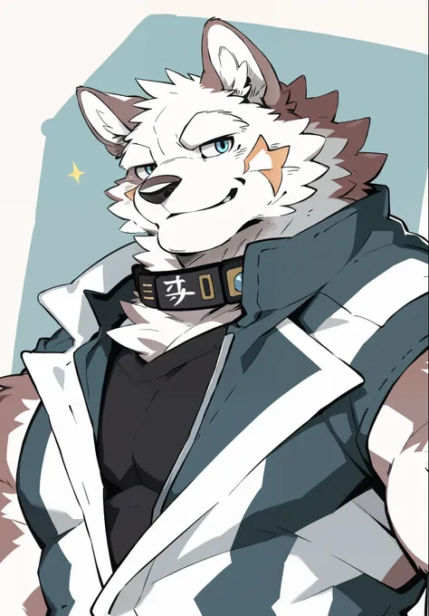 cowboy shooting, snow wolf, (all white fur:1.5), solitary, perfect sky blue eyes, collar, wearing a white suit, (artist:takemoto...