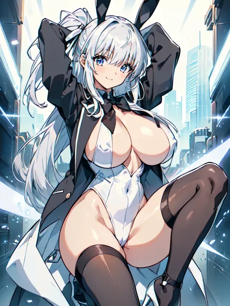 (tuxedo jacket), (white leotard), smiling(short height)(young girl), (black bunny ears), (huge round breasts)(big boobs), narrow waist, belly button, small hips, (bare hips), (thin legs)(bare legs), (thin thighs)spread, (white high-heel), (silver ponytail)...