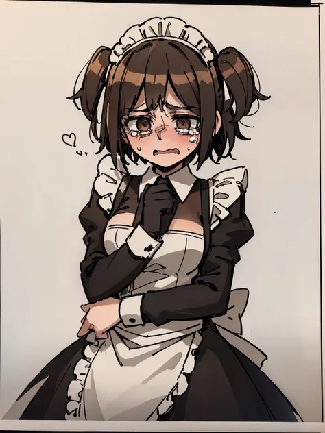 ((A maid，Light brown short hair，(two side up),Traditional British maid dress))，cry，Wipe away tears，front,Half Body,dignified，grace，（Victoria black maid dress）,White background