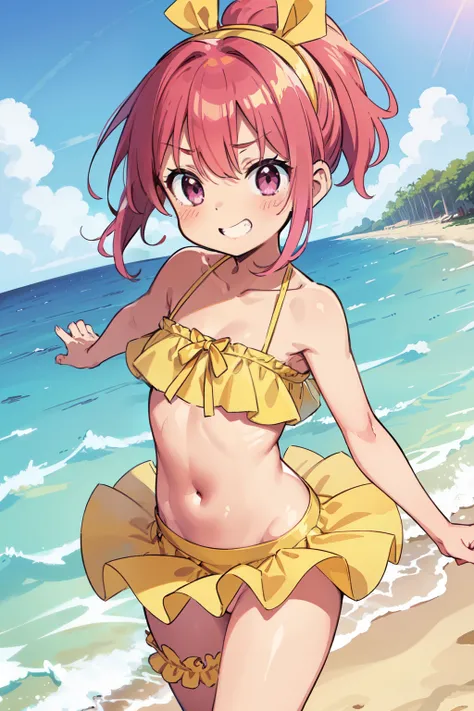 score_9,score_8_up,score_7_up, source_cartoon, girl, young, tanned skin, magenta hair, short spike hairstyle, long pointy ponytail, magenta eyes, small breasts, detailed face, detailed eyes, glistering body, shiny body, gorgeous body, ((yellow ruffled fril...