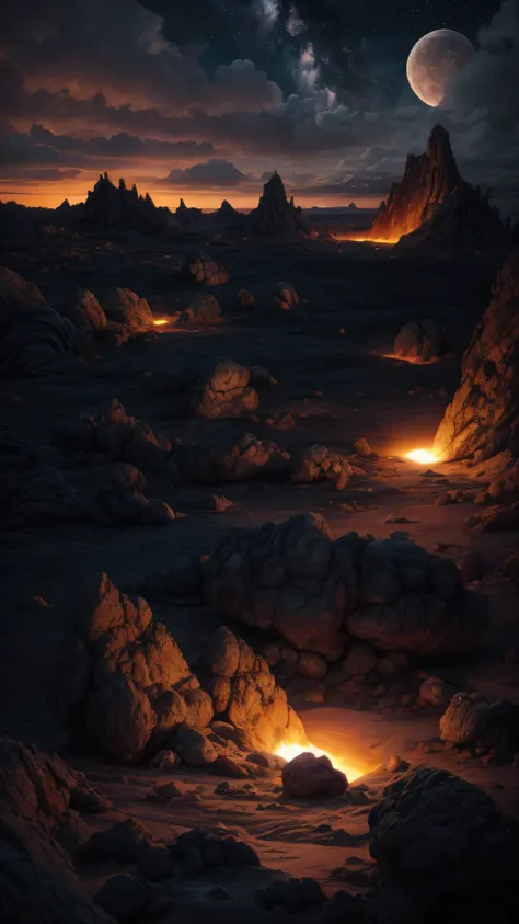  A breathtakingly hyper-realistic scene depicting a "moon nursery" where multiple moons of varying sizes emerge from fissures in a rugged, lava-filled landscape. The moons are distinct, each with its unique texture and luminescence, ranging from small, del...