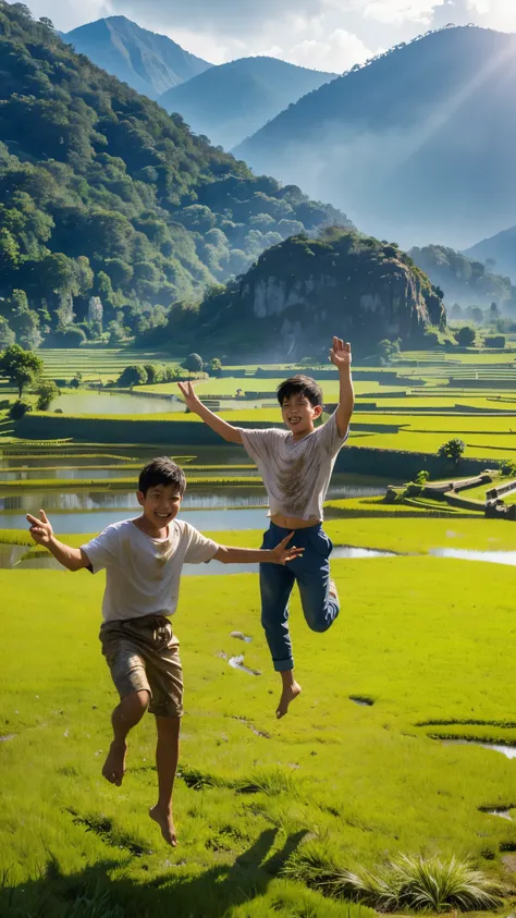 A realistic, ultra HD, 4K scene of some Indonesian boys jumping together while playing in the rice field, their bodies covered in mud stains. They are cheerful, with detailed mud splashes on their feet and light rain falling, adding to the lively atmospher...