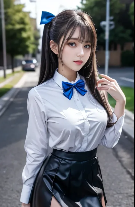 Highest quality, masterpiece, Ultra high definition, 8k Raw Photo:1.5, One girl, alone, high school girl,, White shirt, Black Skirt, Light Hair, Semi-long hair, Beautiful detailed girl, Highly detailed eyes and face, Beautiful attention to detail, Charm,sh...