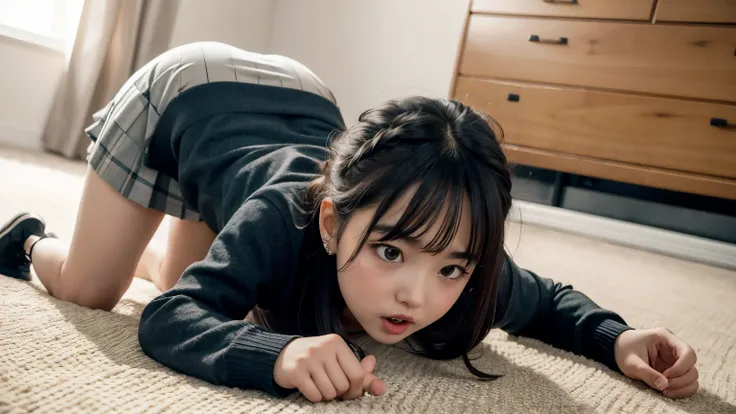 girl in a skirt in the position on all fours, with your chest on the floor