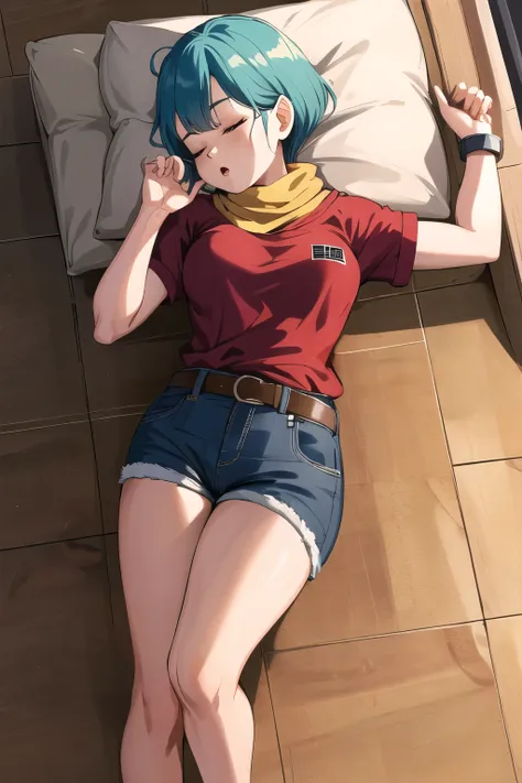 masterpiece, best quality, highres, dragon ball, blmpony, aqua hair, bowlcut, red short sweater, short sleeves, blackbelt, scarf, blue jean shorts, clothes writing, Golden Rolex on left and right wrist silver Watch on left Wrist, medium breasts, indoors, c...