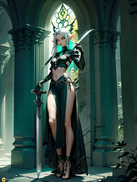 (((Masterpiece, best quality, high detailed, 8k))) Design a layout showcase Gaming character, (1girl). Long silver hair, green eyes, wearing a long flowing jade dress with high side slit, showing midriff, wielding a massive greatsword, sexy. (masterpiece:1...