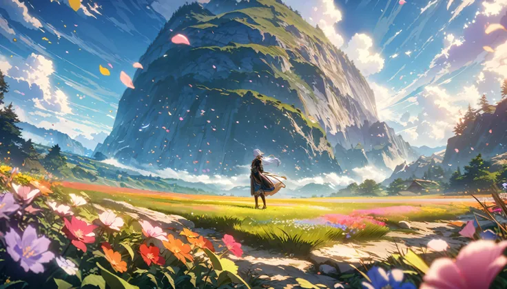  anime aestetics, anime scenery, japanese spirit arc standing in the open field, a few stones on the field, diverse landscape, beautifl atmosphere, breathtaking atmosphere, field filled with colorful flowers, peaceful atmosphere, petals flying in the air, ...