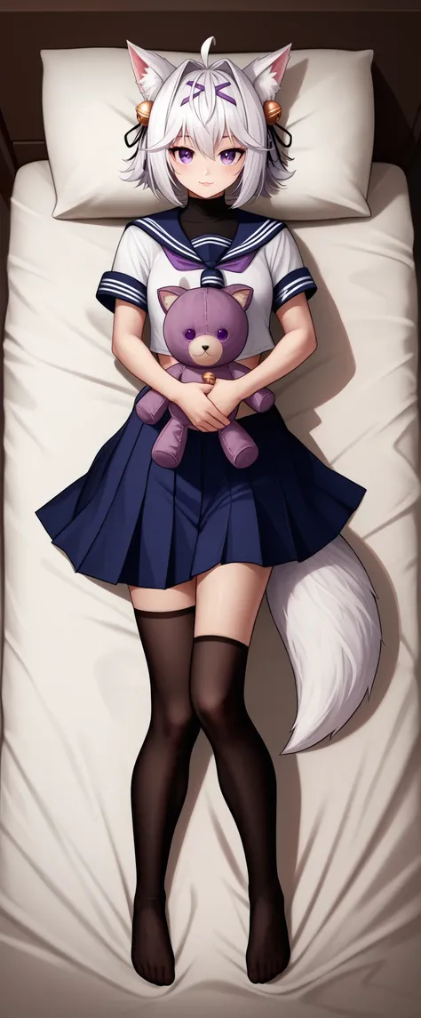 Dakimakura, UHD, Masterpiece, best quality, detailed, sharp focus, midnight, ((studio lighting)), front light, full body light, well-lit face, soft light, diffuse light, shade, no shadow, messy bed, lying on bed, 1girl, solo, filian, fox tail, cat ears. wh...