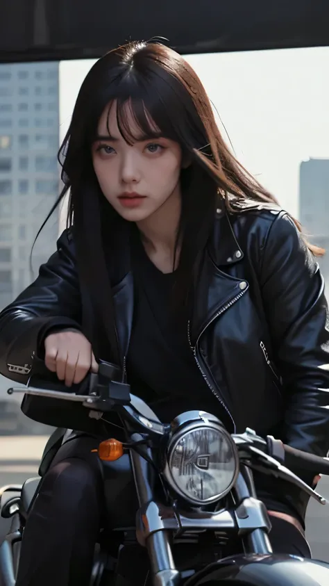 Badass biker chick, leather jacket, tough expression, sitting on a motorcycle, cinematic, dynamic angle, high detail, realistic shading, urban background, by Pavel Fuksenko and Artgerm, 4k resolution, vibrant colors, dramatic lighting