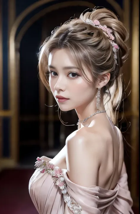 masterpiece, Noble woman, Severe, elegant, Pink Dress, Aristocratic, silver element, Long nails, Exposing shoulders, Hairstyle, Put your hair up, Braids and ponytails, Messy, arrogant, Absurd, Detailed dress, Royalty, celebration, Hall decorated with flowe...