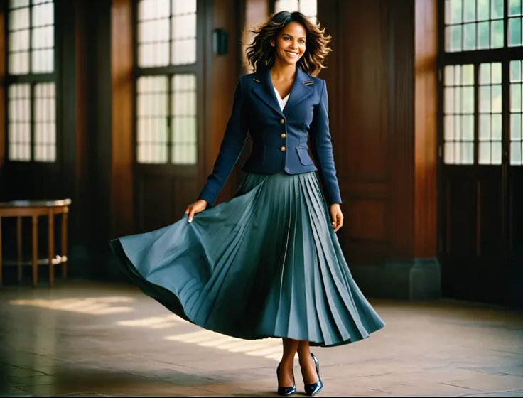 Halle Berry is A smiling, authentic, (shy:1,3), kind, beautiful woman, passionately in love with her skirt, wind wildly lifts her skirt, wearing uniform jacket and very, very detailed (long (fully pleated) full circle skirt) and (low heeled court shoes), v...