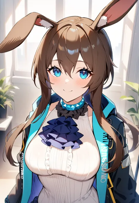 masterpiece, best quality, very aesthetic, absurdres, 1girl, amiya(arknights), arknights, looking at viewer, upper body, rabbit ears, blue eyes, medium breasts, black jacket, white shirt, tight shirt, ascot, smile, indoors