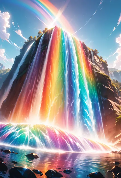 a ((low angle shot: 1.5)), from below of an epic waterfall, there is an epic waterfall coming out of an epic cliff, the water coming down in earnest, there is a rainbow reflected on the water, vibrant, Ultra-high resolution, High Contrast, (masterpiece:1....