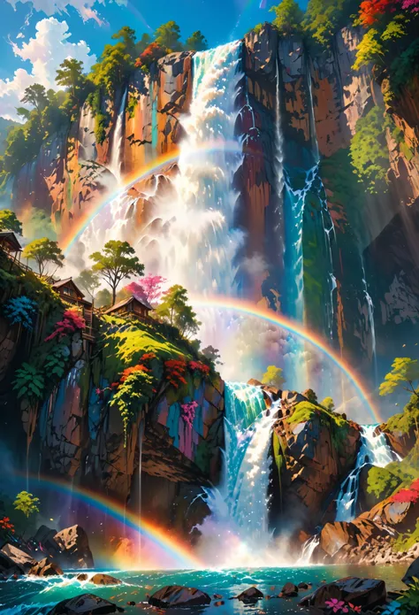 a ((low angle shot: 1.5)), from below the waterfall, of an epic waterfall, there is an epic waterfall coming out of an epic cliff, the water coming down in earnest, there is a rainbow reflected on the water, vibrant, Ultra-high resolution, High Contrast, ...