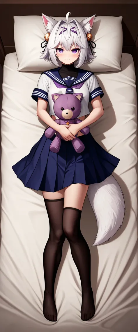 Dakimakura, UHD, Masterpiece, best quality, detailed, sharp focus, midnight, ((studio lighting)), front light, full body light, well-lit face, soft light, diffuse light, shade, no shadow, messy bed, lying on bed, 1girl, solo, filian, fox tail, cat ears. wh...