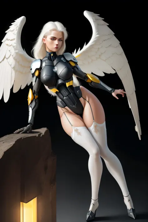 8K ultra realistic , High detail,.Beautiful, women, Trixie Cara sexy, yellow eyes, by white, Skinny body, white hair with light blue rays bare head to the wind Bare Head,perfect lips, perfect eyes, Wings angels, pose sexy, pink stockings, mecha, neon sig...