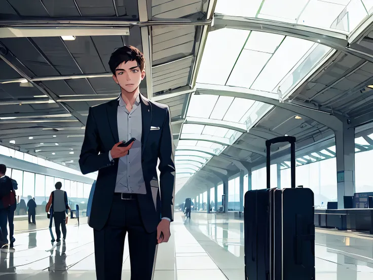 A young man stands at an airport with suitcase in his hand
