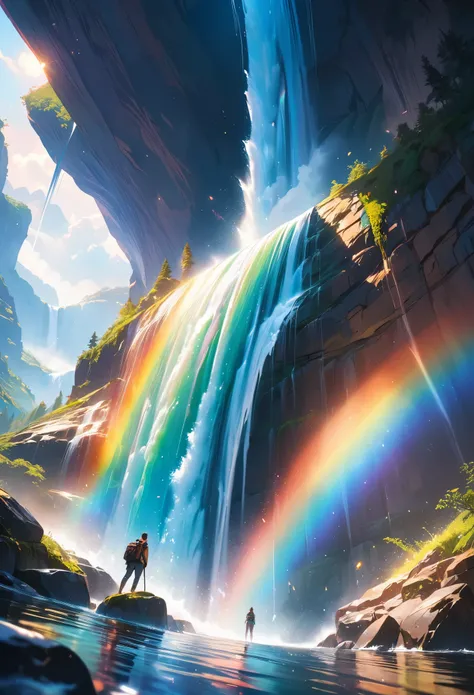 a ((low angle shot: 1.5)), from below of an epic waterfall, there is an epic waterfall coming out of an epic cliff, ((standing really close to the waterfall)) the water coming down in earnest, there is a rainbow reflected on the water, vibrant, Ultra-high...