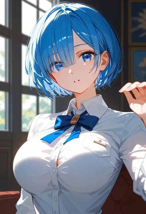 one girl、masterpiece, highest quality, rem, one girl, collared shirt、short hair、beautiful blue ocean hair color、short hair, (blu...