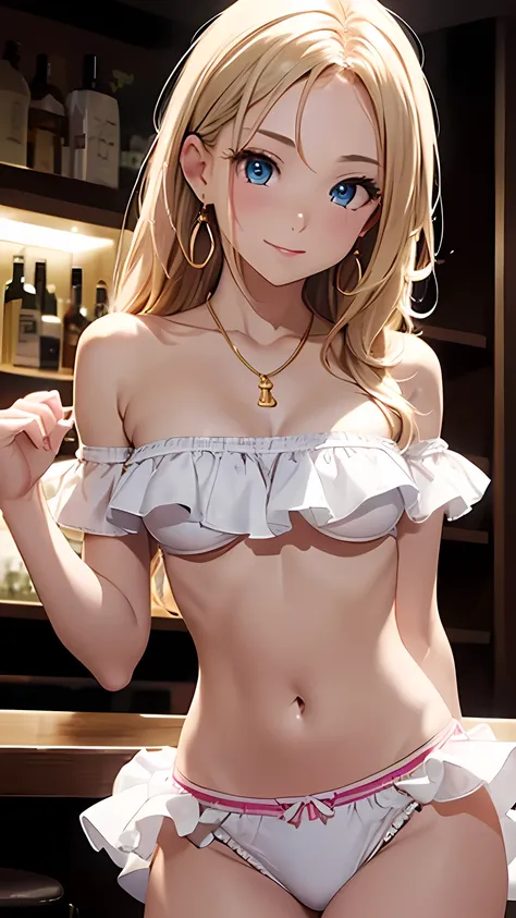 masterpiece,Ultra-high resolution、Highest quality、Sexy pose、Dimly lit bar background at night、blonde、Tie your hair back:1.2, blue eyes, smile、Tilt your head、Large gold earrings and necklace:1.5,、Model walking、Small breasts、the body is slim、Tight waist、Spre...