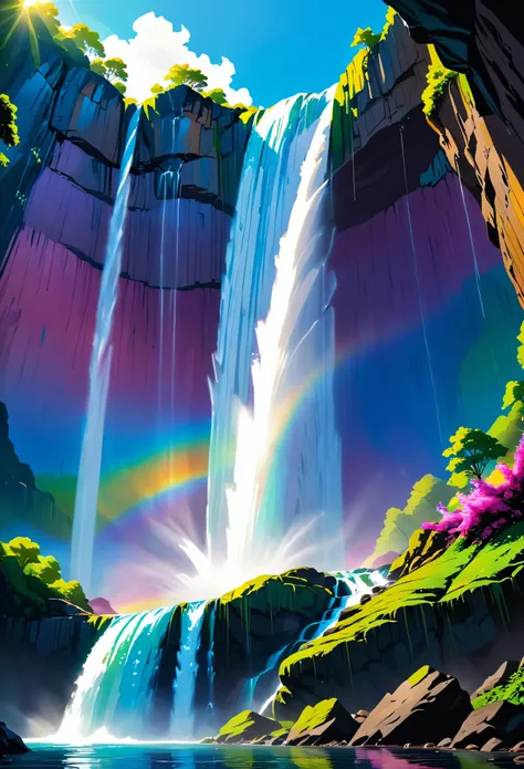 a ((low angle shot: 1.5)), from below of an epic waterfall, there is an epic waterfall coming out of an epic cliff, ((standing really close to the waterfall)) the water coming down in earnest, there is a rainbow reflected on the water, vibrant, Ultra-high...