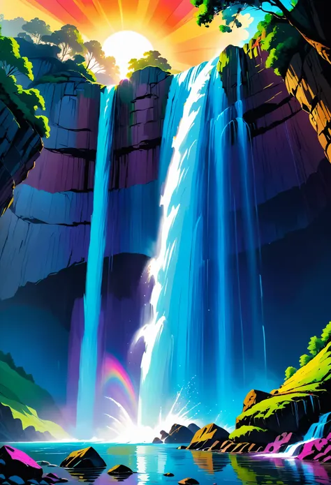 a ((low angle shot: 1.5)), from below of an epic waterfall, there is an epic waterfall coming out of an epic cliff, ((standing really close to the waterfall)) the water coming down in earnest, there is a rainbow reflected on the water, vibrant, Ultra-high...