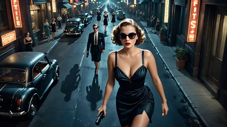 A movie scene from "13th Floor", aerial view of a bustling street in year 1937 at night, dark sky. (1girl, solo), elegant woman wearing short dress, photorealistic, large-breast:1.2 C-cup slim:0.9 body, cleavage:1.2, (matrix style black sunglasses), (holdi...