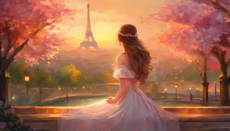 a beautiful girl with long flowy hair sitting on a bench in paris, looking at the iconic eiffel tower, wearing a stylish beret and holding a bouquet of colorful flowers. The atmosphere is filled with romance and elegance, capturing the essence of the city ...