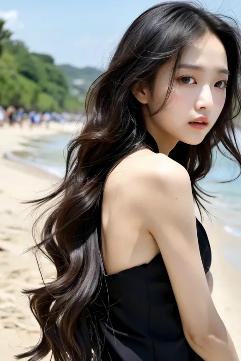 ((Hana))is a beautiful Korean girl with long, sleek black hair, often styled in soft waves for beach. Her eyes are large and dark brown, always accentuated with smoky makeup that highlights her intense gaze. Her skin is fair with a slight rosy hue. Standin...