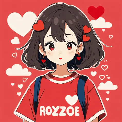 Hayao Miyazaki Red and White style, Simple Line Initialism，Abstract art，Urban Background, (((The most beautiful girl of all time))), Sweet face. Lips in love, colorful hearts, stylish design, 夏のオシャレなTシャツ, 黒い瞳