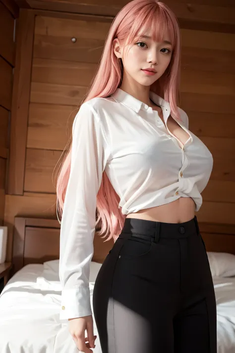 Highest quality、Ultra-high resolution、RAW shooting、Professional Lighting、Detailed Background、coastal、Full Body、Makima、25-year-old female、(High tone cherry pink hair)+(Long Hair)+(bangs)、(Yellow Eyes)、White see-through shirt,(Black trousers:1.5)、Huge breast...