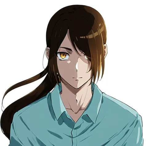 anime man with long brown hair in ponytail and yellow, male anime character, anime boy with long hair, young anime man, the long bangs left side of face, Baam from tower of gods, epic anime style, thick black drawing outline, thick outline, no hands
