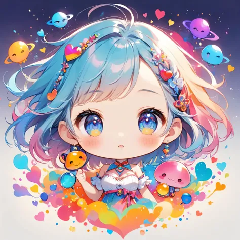 Mika Pikazo colorfull style, Simple Line Initialism，Abstract art，(((The most beautiful girl of all time))), (((chibi))), Sweet face. colorful hearts, funny design, (((bosom buddy ))), (((Cute Aliens))), The background is space