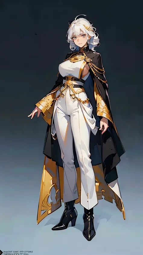 ((masterpiece,best quality,8k,highres)),((character concept art)), 1 female, old lady, Marshal, general, 175cm height, shot curly hair,(white hair colour), ultra finely detailed eyes,(gold eyes colour)(bright), extraordinary charming, confident smile, shap...