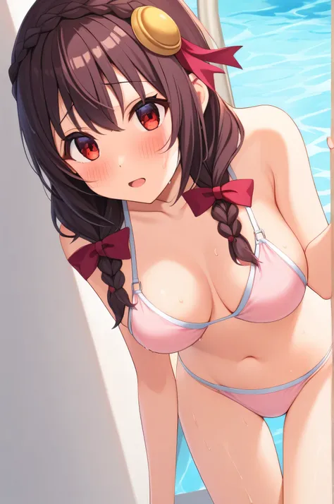 alone, One girl, Yunyun、blush , Crown braids of the same color as your hair, Red Eyes、hair ornaments, Hair Ribbon, (White and pink bikini)、Climbing the steps of the pool slide、So wet、Very nervous look、View from below