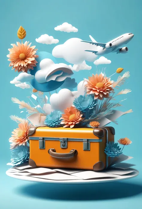 There is a suitcase with a straw hat on top., 1girl, cloud, atmosphere, leaf, Floating Chrysanthemums, paper airplane, (Miniature: 1.2), 2.5D illustration, 3D Rendering, 3D Modeling, Bubble Mat, Behans 3D Art Trends, Behans 3D Art Trends, 3D illustration, ...