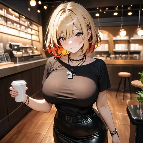 A woman wearing a black shirt,shirt with white writing, written Shikikan, wearing a necklace with an iron cross around her neck, big breast, wearing a black skirt, with black shoes, wearing a bracelet with an iron cross on her wrist, blonde hair, short hai...