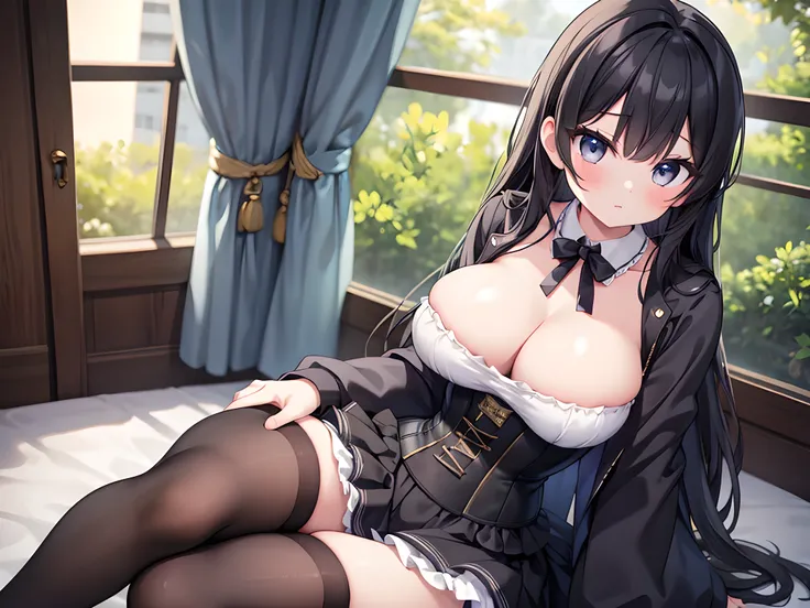 masterpiece, best quality, very aesthetic, absurdres, 8k, 16k, highres, super fine illustration,
blurry background, depth of field,
natural light, soft lighting,
perfect fingers, good hands,
BREAK
1girl, solo, breasts, large_breasts, black_hair, thighhighs...