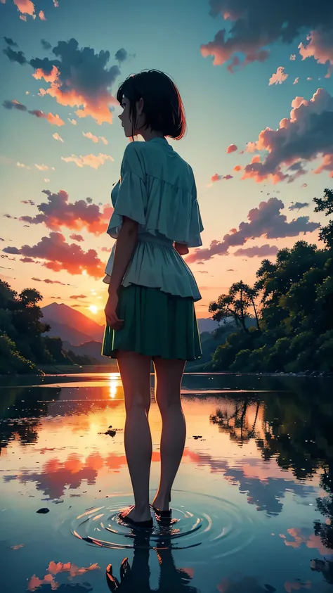 Every sunset carries the promise of a new dawn. Accept the outcome, Paving the way for a beautiful beginning. Nature painting. green, red tint, cloudy, sunset, green、A woman is reflected in the photo.