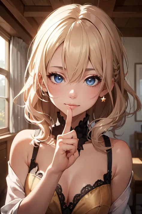 ((Highest quality)), ((masterpiece)), (detailed), One girl, sexy,1 female, (Focus on the eyes, put your index finger in front of your mouth:1.5), A woman with a calm expression holds her index finger over her mouth "quiet" Pause, Soft pink and beige shades...