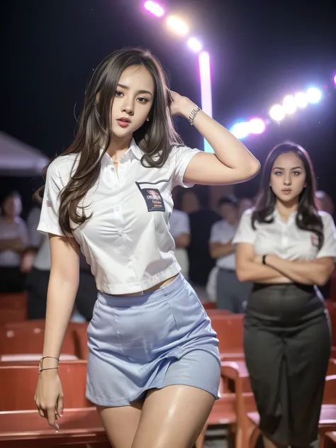 1girl, solo, (uniform), at night club, beautiful realistic city scenery at the background, angry face, thick breasts, smooth skin, tight white shirt, grey blue short skirt, looking at the audience, (zoom out:1.4), (8k, RAW photo, best quality, masterpiece:...