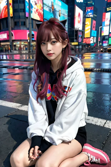 (In 8K、RAW photo、highest quality、masterpiece:1.2)、(realistic、Photoreal:1.37)、super detailed、超A high resolution、1 girl、solo、rainbow hair、hoodie、espadrilles、straight hair、headphones、length、(Center of the intersection)、(sitting on the ground)、night、neon、Times...