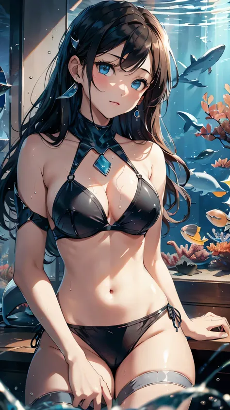 最high quality、Best image quality、masterpiece、With a girl((cute、16 years old、Best Bust、Medium Bust、Beautiful Blue Eyes、Spread your chest wide,Black Hair、Disheveled Hair、thin、Highest Valley、Black Bikini(1:2)、My whole body is wet、Have a cider、See-through shir...